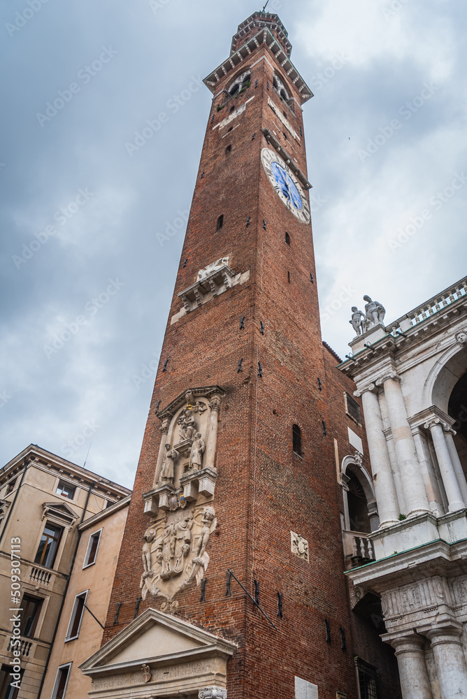 View of the Bissara Tower Clock in Vicenza, Veneto, Italy, Europe, World Heritage Site