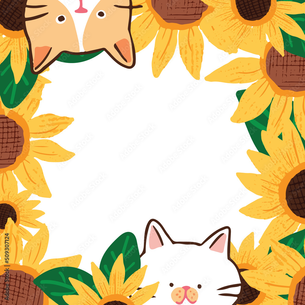 Vector Illustration of Cartoon Cat Face and Sunflower Frame Design on White Background Vector Illustration of Cartoon Cat Face and Sunflower Frame Design on White Background