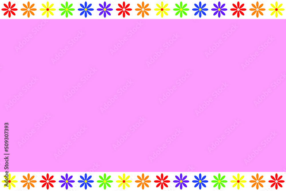 Colorful LGBTQ+ pattern background. Multicolor flowers pattern. LGBTQ+ colored flowers on white background. Rainbow border greeting card.