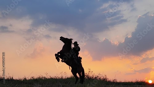 silhouette of cowboy riding a horse in sunset