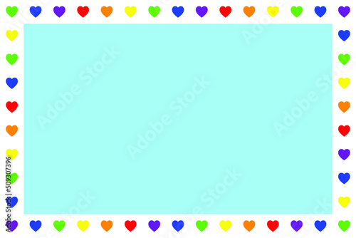 Colorful LGBTQ+ pattern background. Multicolor heart pattern. LGBTQ+ colored hearts on white background. Rainbow border greeting card.