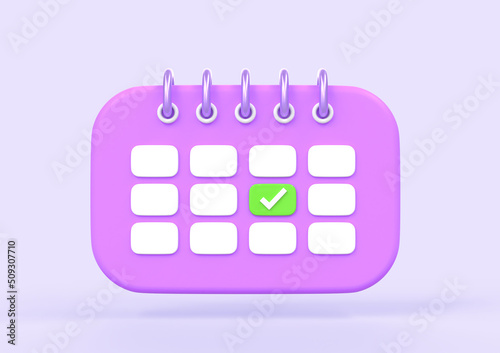 Calendar icon with purple pages, green check mark and spiral, front view. Cartoon paper calender with rings and marked date. Agenda, schedule or task, event or holiday planning, isolated 3d render