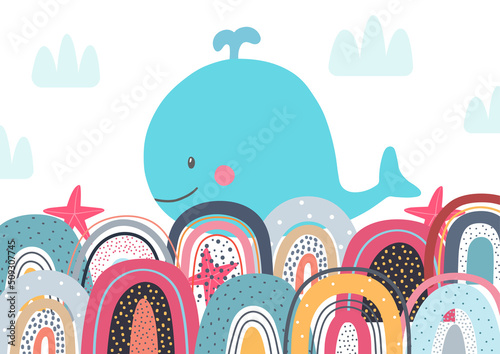 Cute cartoon hand drawn whale on the waves of the rainbow  for the design of a children's carpet in the bedroom