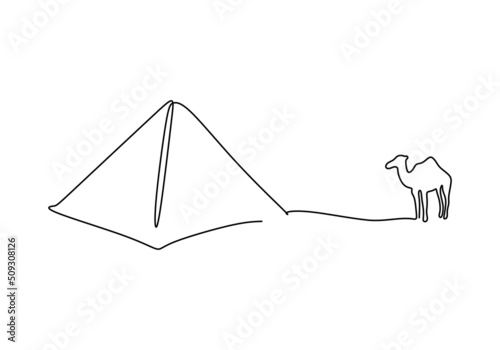 One continuous single line of camel and pyramid isolated on white background.