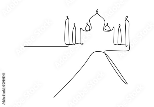 One continuous single line of big mosque like taj mahal isolated on white background.
