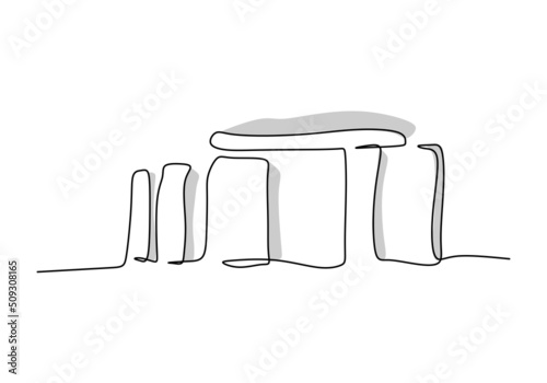 One continuous single line of ancient building like Stonehenge isolated on white background.