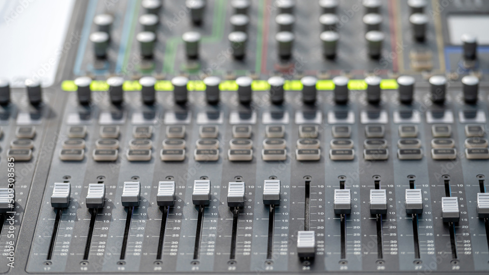 Sound and audio mixer control panel with buttons and sliders. Audio sound mixer console. Audio mixer Sound and audio mixer control panel with buttons and sliders. Audio sound mixer console. Audio mixer