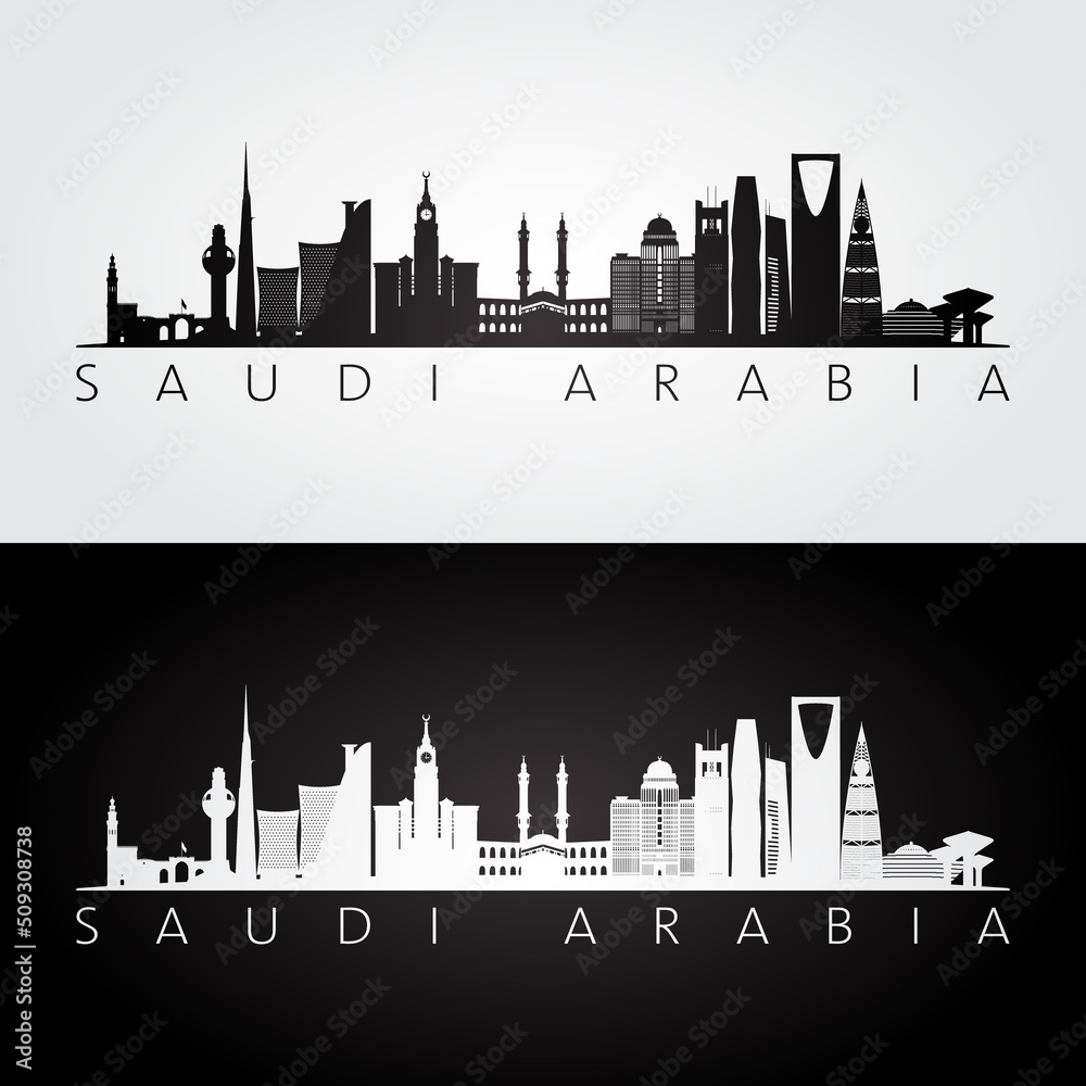 Saudi Arabia skyline and landmarks silhouette, black and white design, vector illustration.