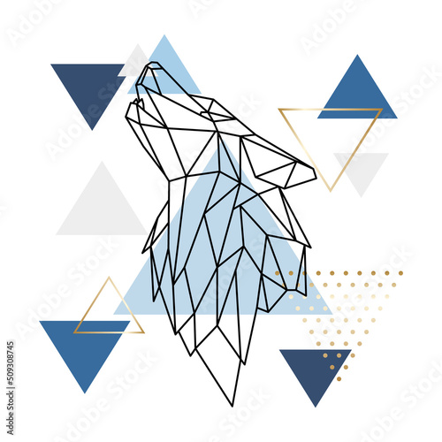 Geometric howling wolf on scandinavian background. Polygonal wild wolf. Stock vector illustration.