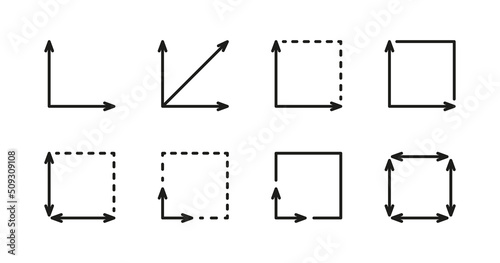 Square area icon. Coordinate axes sign. Coordinate system. Flat math graph icon. Measuring land area. Place dimension pictogram. Vector outline illustration isolated on white background.