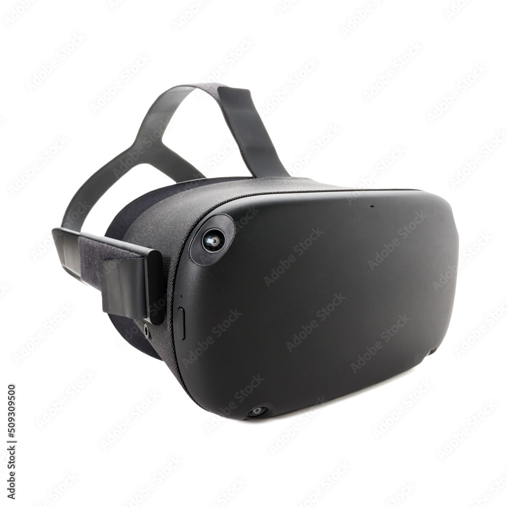 Modern virtual reality glasses with external cameras on the body insulated on a white background. VR glasses for gaming, entertainment and learning. Front side view. Modern virtual reality glasses with external cameras on the body insulated on a white background. VR glasses for gaming, entertainment and learning. Front side view.