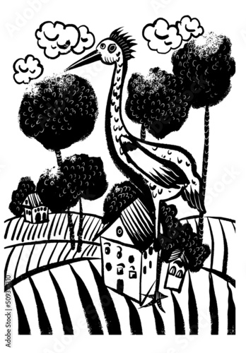 drawing fantastic picture giant stork stands on one leg among the houses of the town, village, sketch, hand drawn comic vector illustration