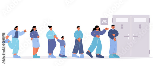 Queue to the toilet. People waiting at WC door stand in line. Unhappy male and female characters feel malaise with full bladder or stomach seething in public restroom, Linear flat vector illustration