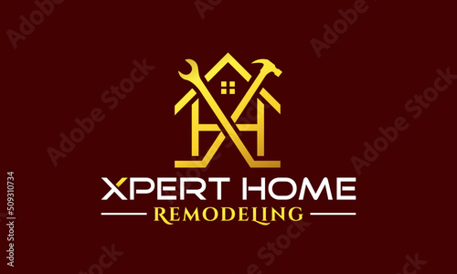 Expert Home Repair Remodeling Logo design vector icon symbol illustration. Letter H House logo with hammer and wrench remodeling tool and equipment. Gold luxury house for your perfect business brand.
