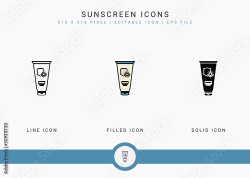 Sunscreen icons set vector illustration with solid icon line style. Ultraviolet protection concept. Editable stroke icon on isolated white background for web design, user interface, and mobile app