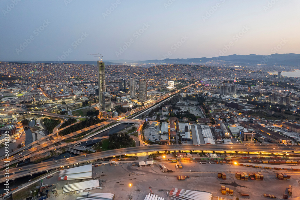 Drone view of Skyscrapers in Bayrakli / Izmir. New city center of Izmir, Turkey.