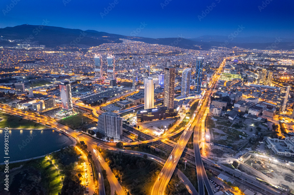 Fototapeta premium Drone view of Skyscrapers in Bayrakli / Izmir. New city center of Izmir, Turkey.