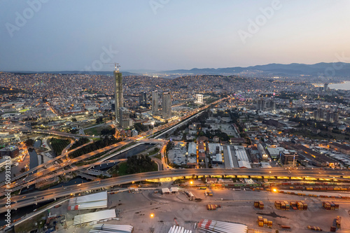 Drone view of Skyscrapers in Bayrakli   Izmir. New city center of Izmir  Turkey.