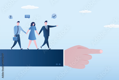 Vision to see business direction, way for success. Economic forecast or future, strategy to business objective. Successful teamwork. Business team is moving on huge pointing hand in right way.