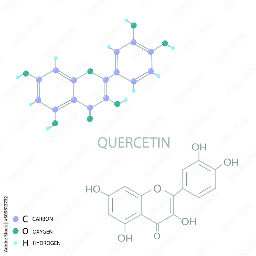 Quercetin molecular skeletal 3D chemical formula.	