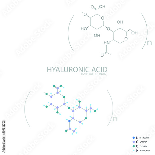 Hyaluronic acid molecular skeletal 3D chemical formula.	