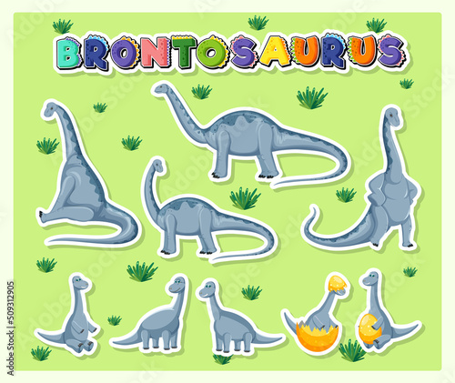 Set of cute brontosaurus dinosaur cartoon characters