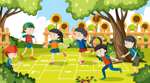 Children jumping on one leg following number