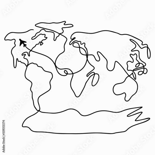 World map. Hand drawn simple stylized silhouette of continents in minimal thin line. Isolated vector drawing