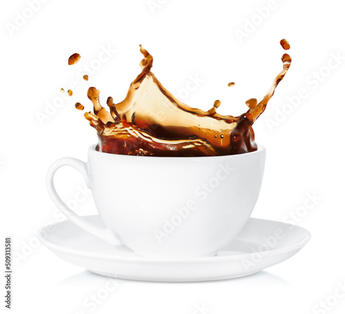 white cup with a splash of hot coffee on a white isolated background