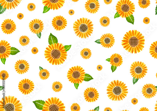 ひまわりの夏らしい手描き水彩シームレス総柄