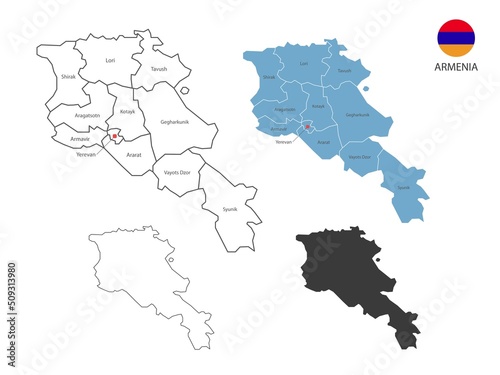 4 style of Armenia map vector illustration have all province and mark the capital city of Armenia. By thin black outline simplicity style and dark shadow style. Isolated on white background.