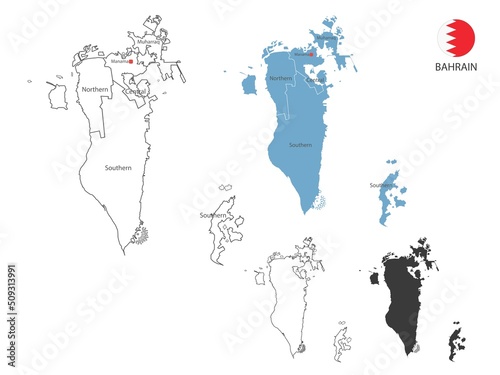 4 style of Bahrain map vector illustration have all province and mark the capital city of Bahrain. By thin black outline simplicity style and dark shadow style. Isolated on white background.