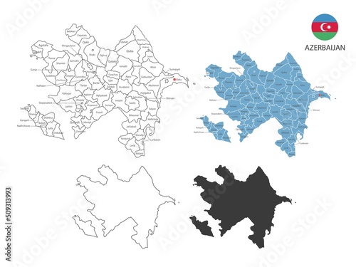 4 style of Azerbaijan map vector illustration have all province and mark the capital city of Azerbaijan. By thin black outline simplicity style and dark shadow style. Isolated on white background.