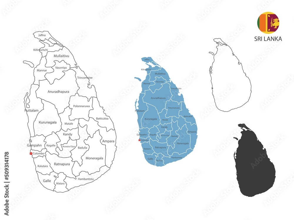 4 style of Sri Lanka map vector illustration have all province and mark the capital city of Sri Lanka. By thin black outline simplicity style and dark shadow style. Isolated on white background. 4 style of Sri Lanka map vector illustration have all province and mark the capital city of Sri Lanka. By thin black outline simplicity style and dark shadow style. Isolated on white background.