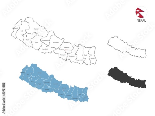 4 style of Nepal map vector illustration have all province and mark the capital city of Nepal. By thin black outline simplicity style and dark shadow style. Isolated on white background.