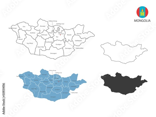 4 style of Mongolia map vector illustration have all province and mark the capital city of Mongolia. By thin black outline simplicity style and dark shadow style. Isolated on white background.