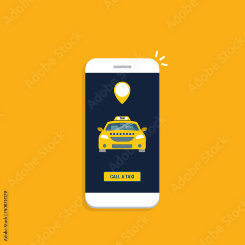Taxi online service on mobile application with yellow taxicab and location. Get a taxi. Concept for order taxi service.	