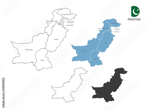 4 style of Pakistan map vector illustration have all province and mark the capital city of Pakistan. By thin black outline simplicity style and dark shadow style. Isolated on white background.