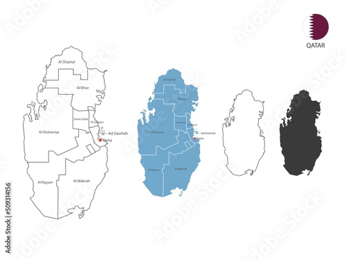 4 style of Qatar map vector illustration have all province and mark the capital city of Qatar. By thin black outline simplicity style and dark shadow style. Isolated on white background.