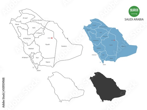 4 style of Saudi Arabia map vector illustration have all province and mark the capital city of Saudi Arabia. By thin black outline simplicity style and dark shadow style. Isolated on white background.