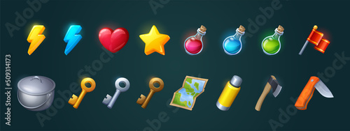 Icons for game about hiking, camping, tourism. Vector cartoon set of symbols of heart, lightning, knife, map, bottles with potions, map, flag and thermos isolated on white background
