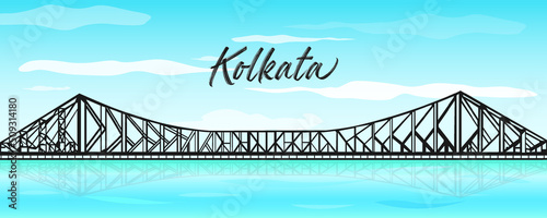 Kolkata or Calcutta, Howrah bridge during sunset. Capital of India's West Bengal state.