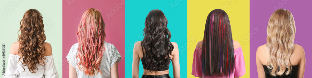 © Pixel-Shot - Young women with beautiful dyed hair on colorful background, back view © Pixel-Shot - Young women with beautiful dyed hair on colorful background, back view