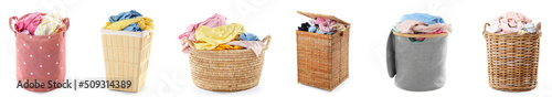 Fotografía Set of baskets with laundry isolated on white