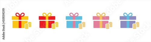 Gift box with ribbon icon. Wrapped gift box with ribbon symbol. Surprise gift boxes sign. Present gift box with money coin, vector illustration