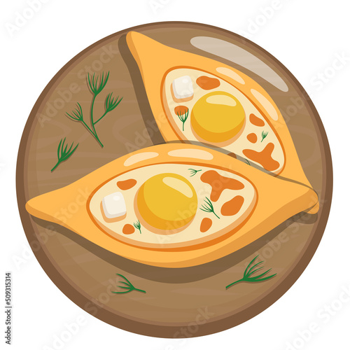 Khachapuri. Vector flat illustration of the Georgian dish khachapuri with egg on wooden board. Flat lay. Top view.