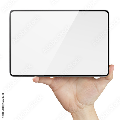 Hand holding black tablet, isolated on white background