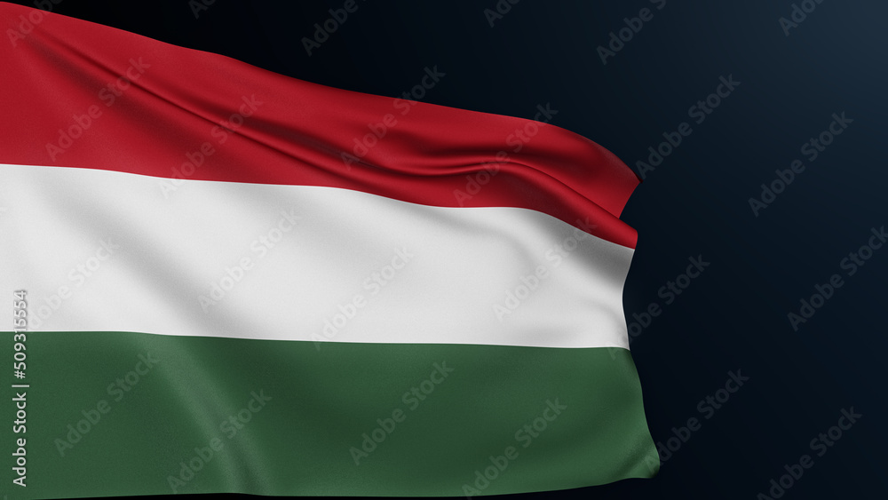 Hungary flag. Budapest sign. European country. Hungarian national tricolor symbol of celebration of Independence Day, March 15. Realistic 3D illustration with cotton texture isolated on dark.