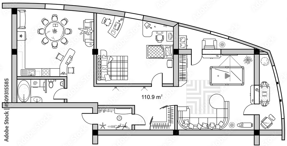 Floor plan with furniture in top view. Architectural set of furniture thin line icons. Detailed layout of the modern apartment. Vector blueprint.