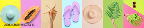 Bright collage of summer beach accessories on color background, top view